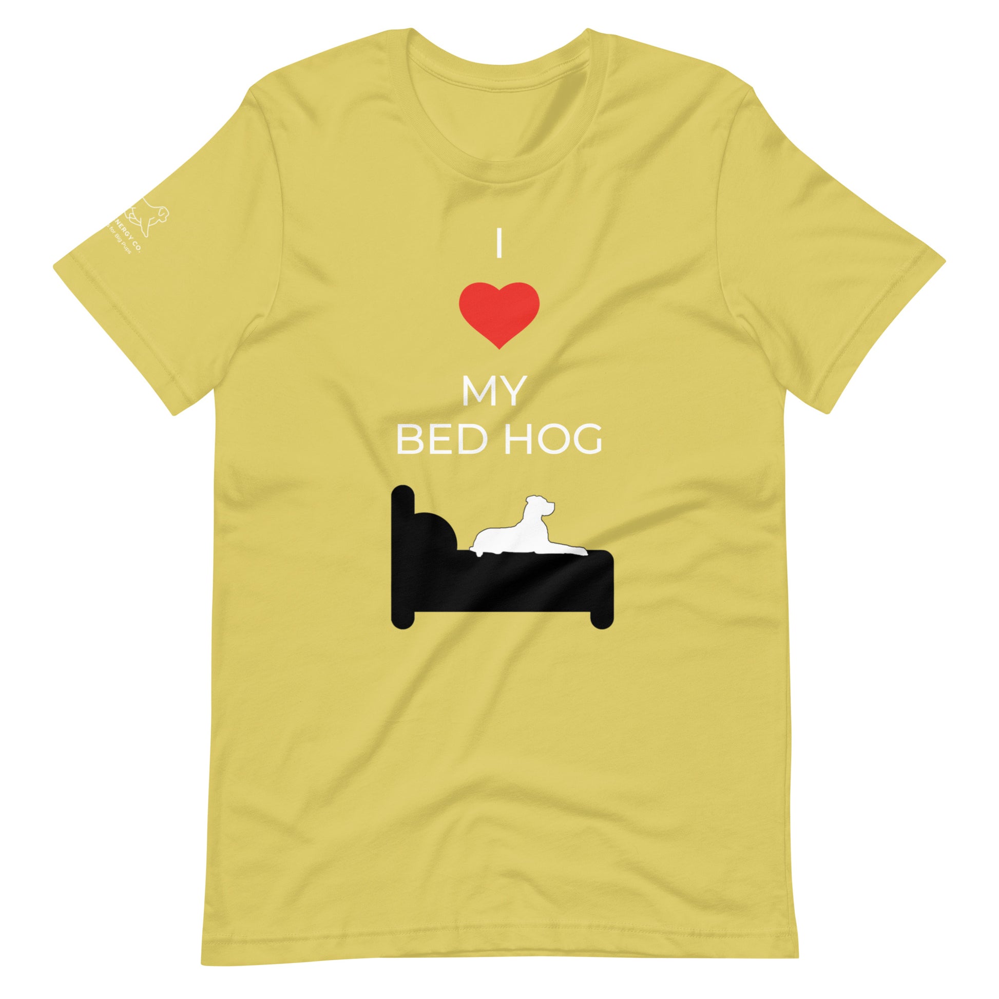 Front of a strobe green/yellow t-shirt that reads "I love my bed hog" in white text over an illustration that is the white silhouette of a large dog laying on the dark silhouette of a bed. The word "love" is replaced by a red heart symbol.