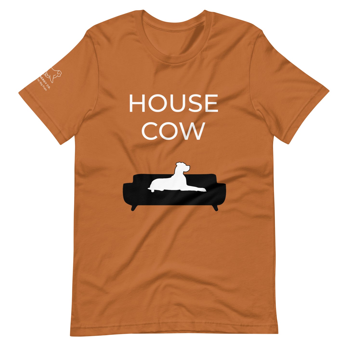 Front of a toast orange t-shirt that reads "House Cow" in white text over an illustration that is the white silhouette of a large dog laying on the dark silhouette of a couch.