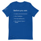 Front of a true royal blue t-shirt that has a list that reads "Before you ask: 1. It eats a normal amount. 2. Yes, it slobbers. 3. It's not walking me. 4. No, it doesn't have a saddle." in white text.