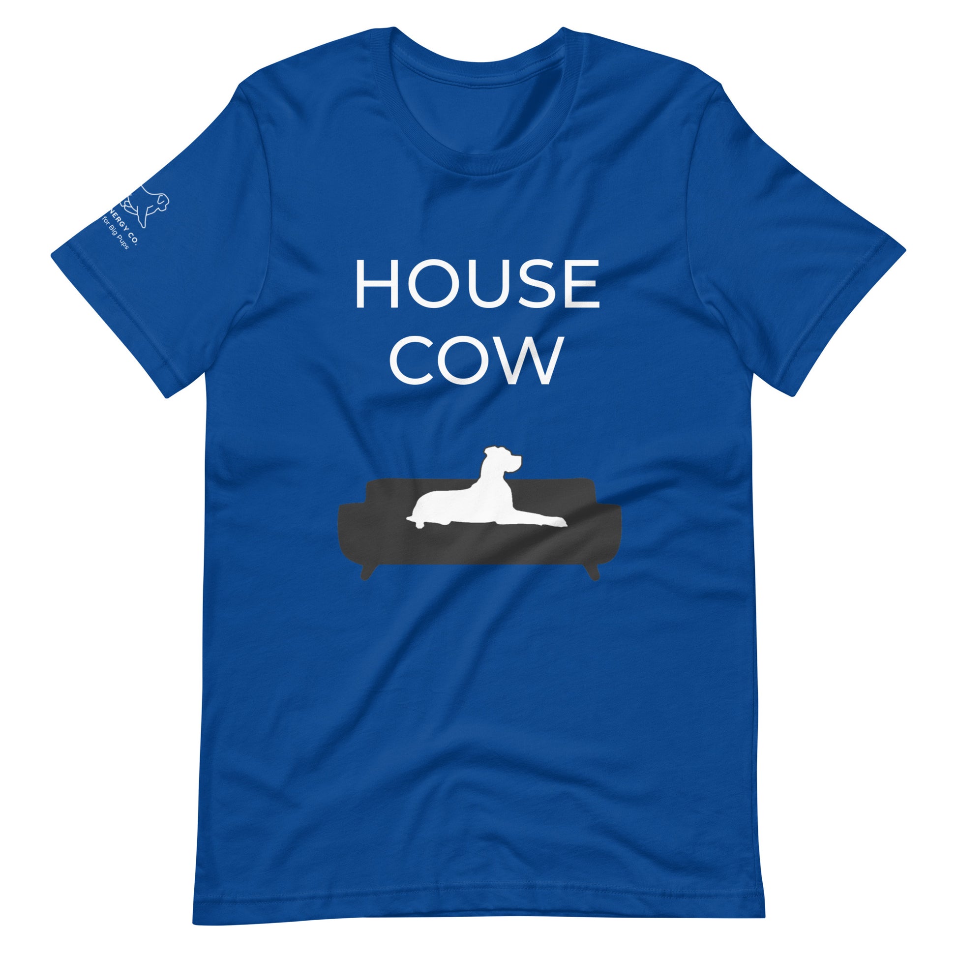 Front of a true royal blue t-shirt that reads "House Cow" in white text over an illustration that is the white silhouette of a large dog laying on the dark silhouette of a couch.