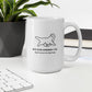 Back side of white 15 oz coffee mug with the Big Dog Energy Company logo and slogan that says "Big Products for Big Pups"